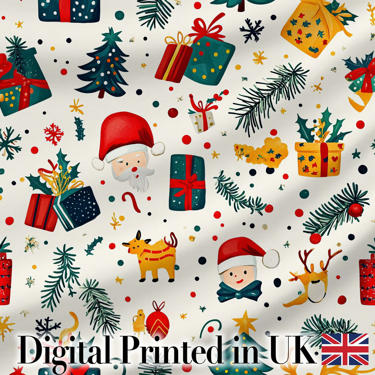 Cute Santa Reindeer Gift Box Pine Branch Seamless Pattern Digital Print Fabric by the Metre UK Sewing Quilting Textile