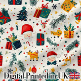 Cute Santa Reindeer Gift Box Pine Branch Seamless Pattern Digital Print Fabric by the Metre UK Sewing Quilting Textile