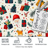 Cute Santa Reindeer Gift Box Pine Branch Seamless Pattern Digital Print Fabric by the Metre UK Sewing Quilting Textile