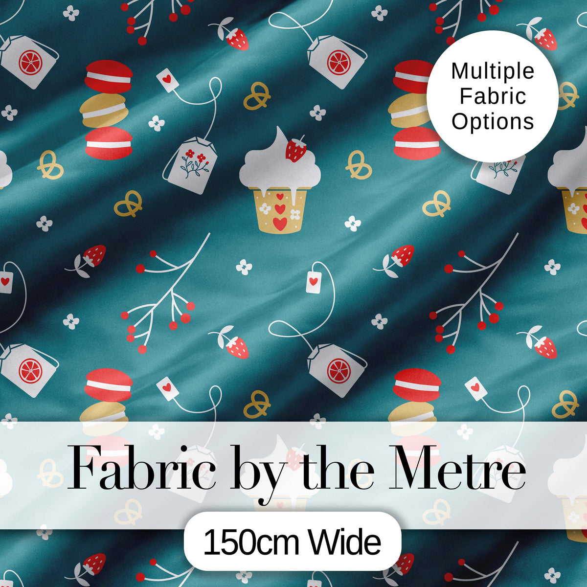 Cute Macaron Cupcake Tea Bag Strawberry Seamless Pattern Digital Print Fabric by the Metre UK Sewing Quilting Textile