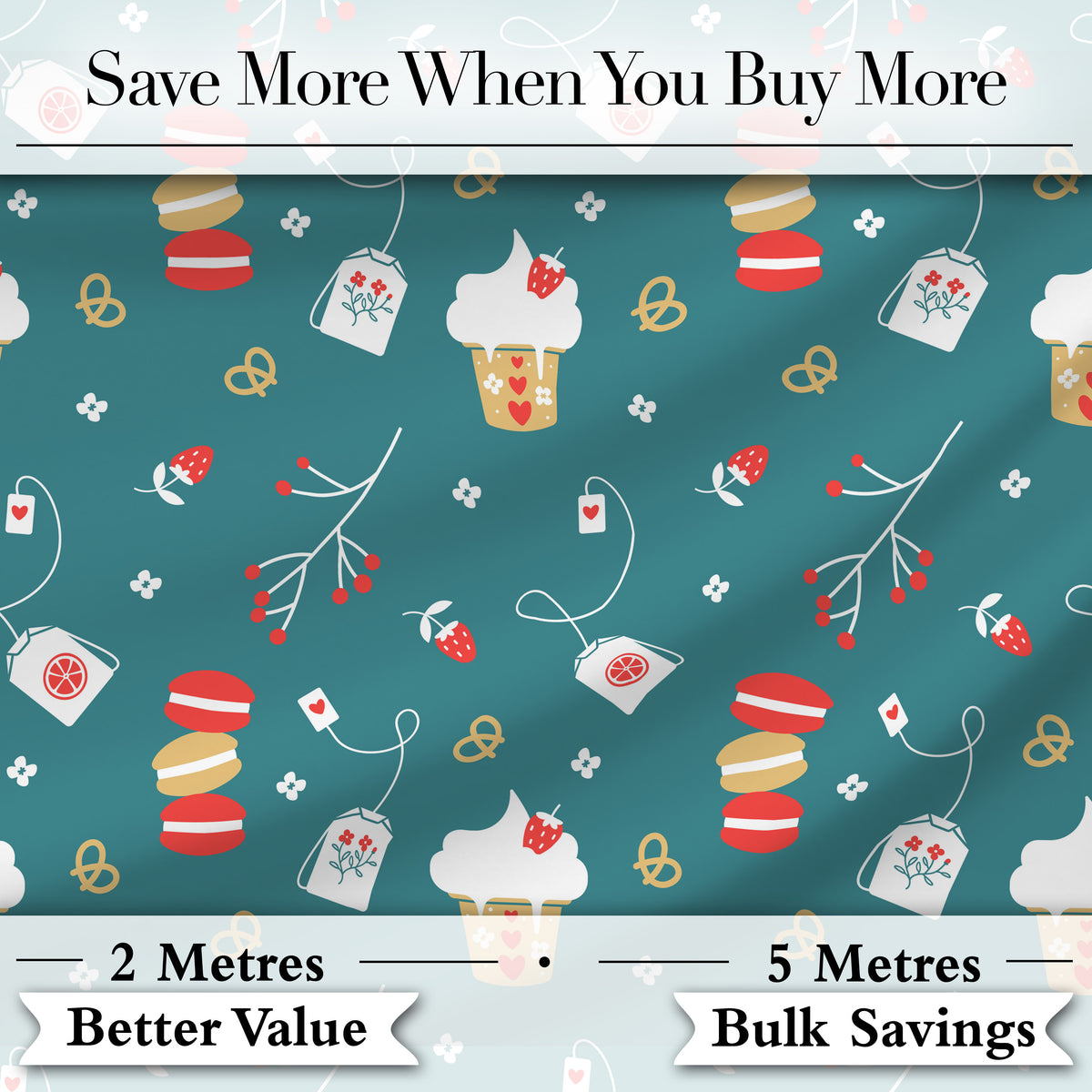 Cute Macaron Cupcake Tea Bag Strawberry Seamless Pattern Digital Print Fabric by the Metre UK Sewing Quilting Textile
