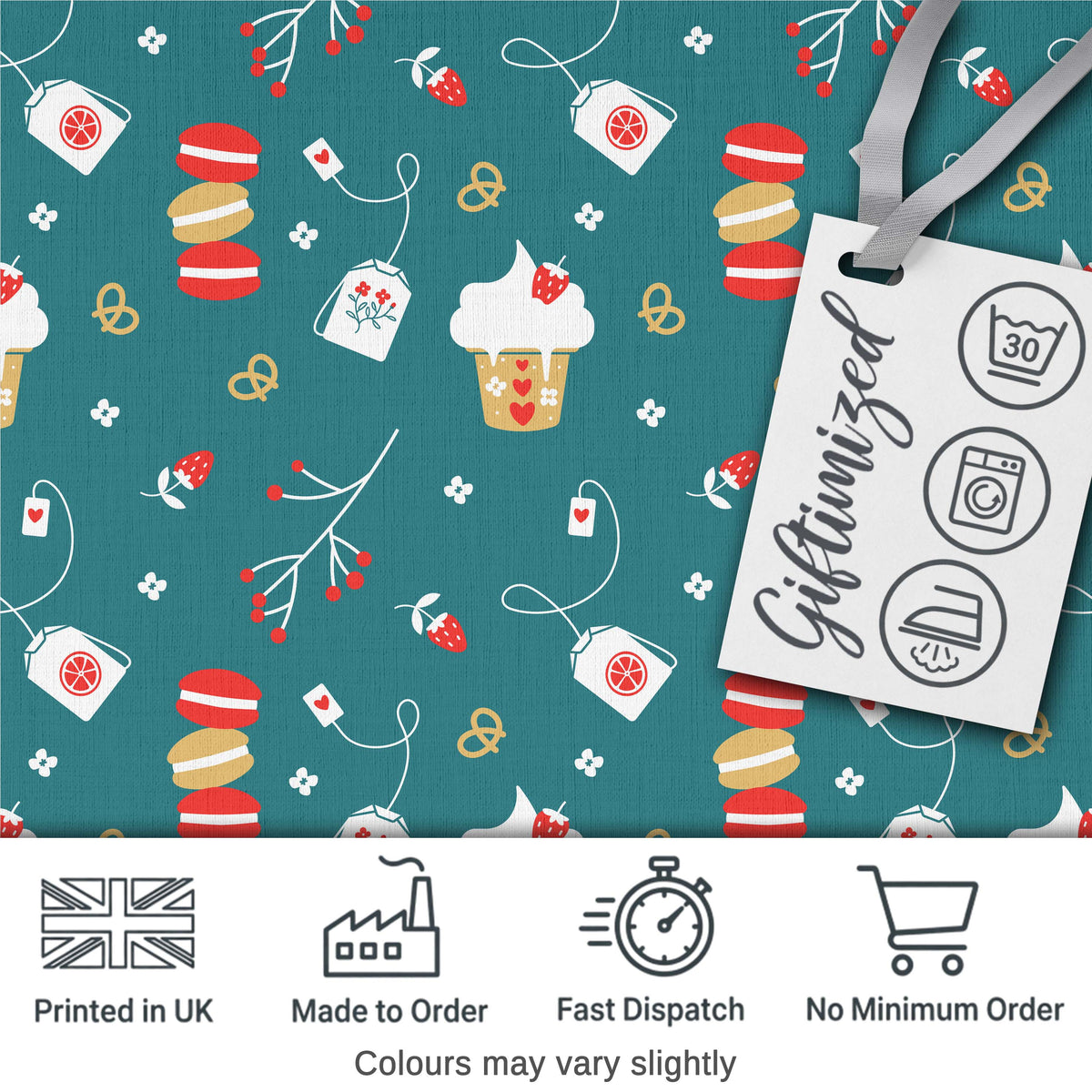 Cute Macaron Cupcake Tea Bag Strawberry Seamless Pattern Digital Print Fabric by the Metre UK Sewing Quilting Textile