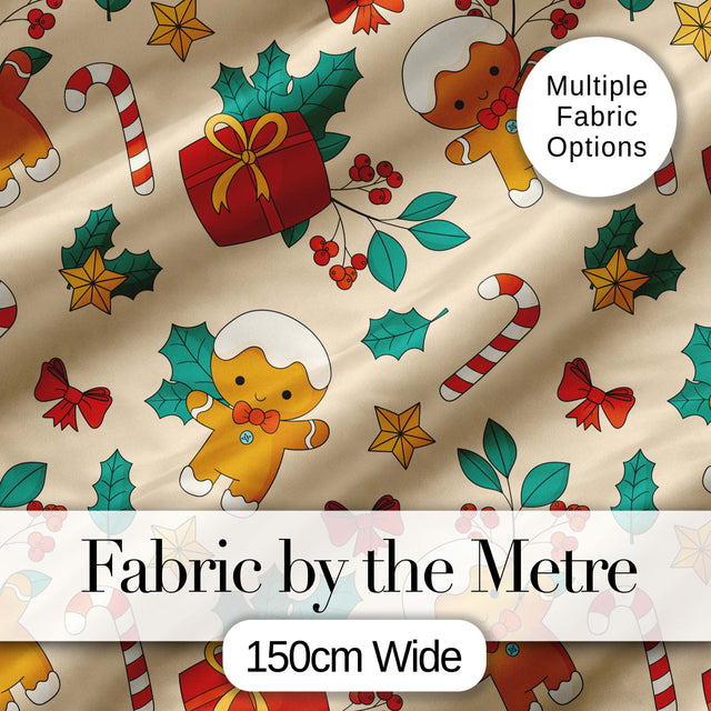 Cute Gingerbread Candy Cane Holly Berry Seamless Pattern Digital Print Fabric by the Metre UK Sewing Quilting Textile