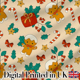 Cute Gingerbread Candy Cane Holly Berry Seamless Pattern Digital Print Fabric by the Metre UK Sewing Quilting Textile
