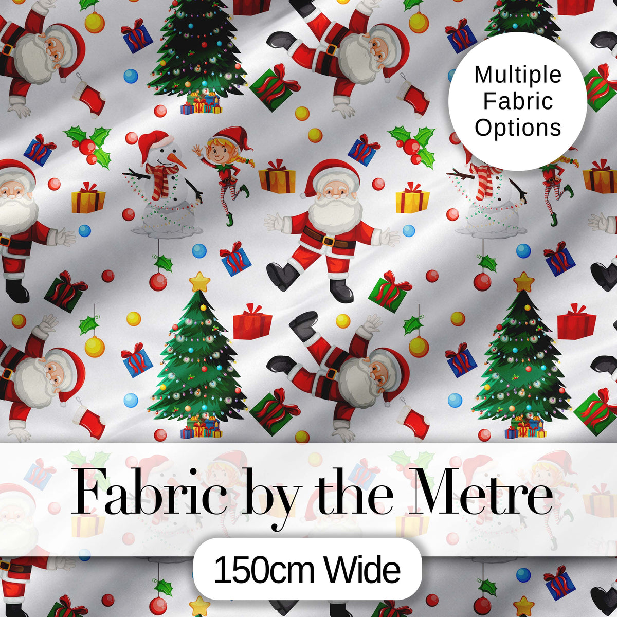 Cute Santa Snowman Elf Christmas Tree Seamless Pattern Digital Print Fabric by the Metre UK Sewing Quilting Textile