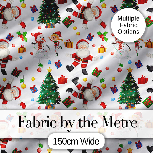 Cute Santa Snowman Elf Christmas Tree Seamless Pattern Digital Print Fabric by the Metre UK Sewing Quilting Textile