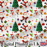 Cute Santa Snowman Elf Christmas Tree Seamless Pattern Digital Print Fabric by the Metre UK Sewing Quilting Textile