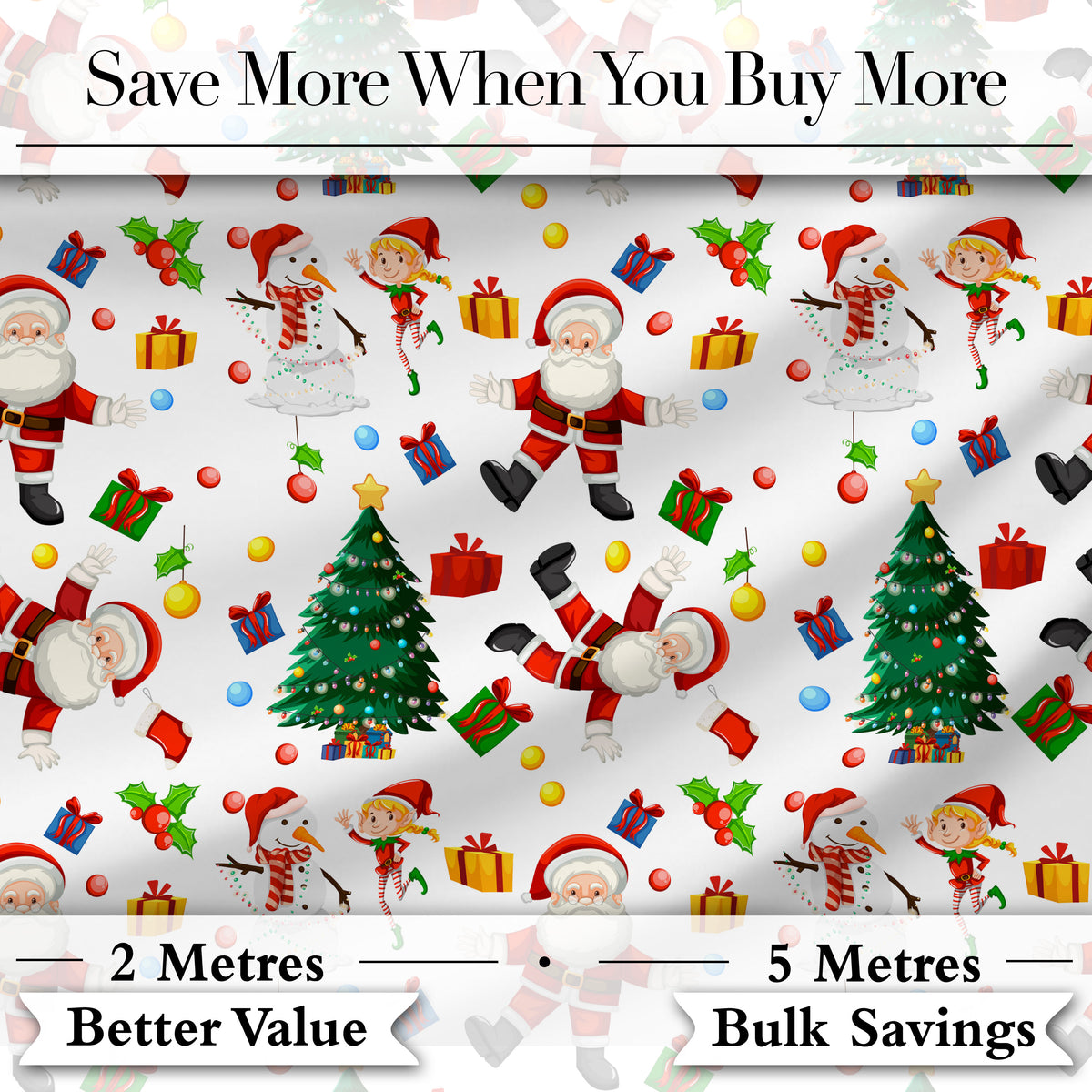 Cute Santa Snowman Elf Christmas Tree Seamless Pattern Digital Print Fabric by the Metre UK Sewing Quilting Textile