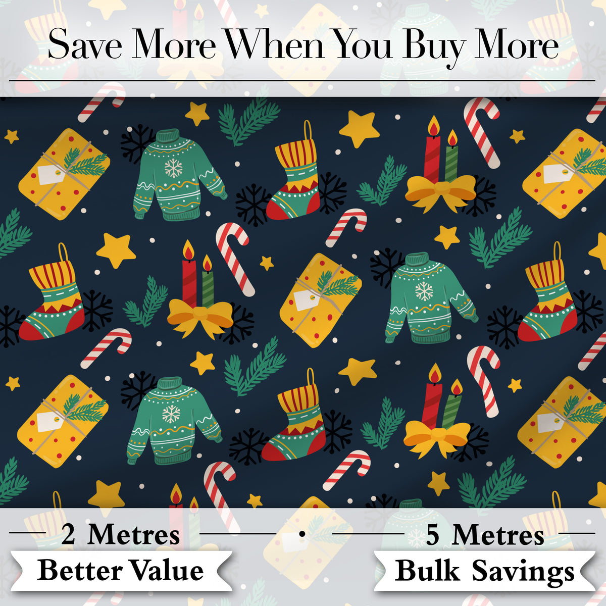 Christmas Sweater Candle Gift Candy Cane Seamless Pattern Digital Print Fabric by the Metre UK Sewing Quilting Textile