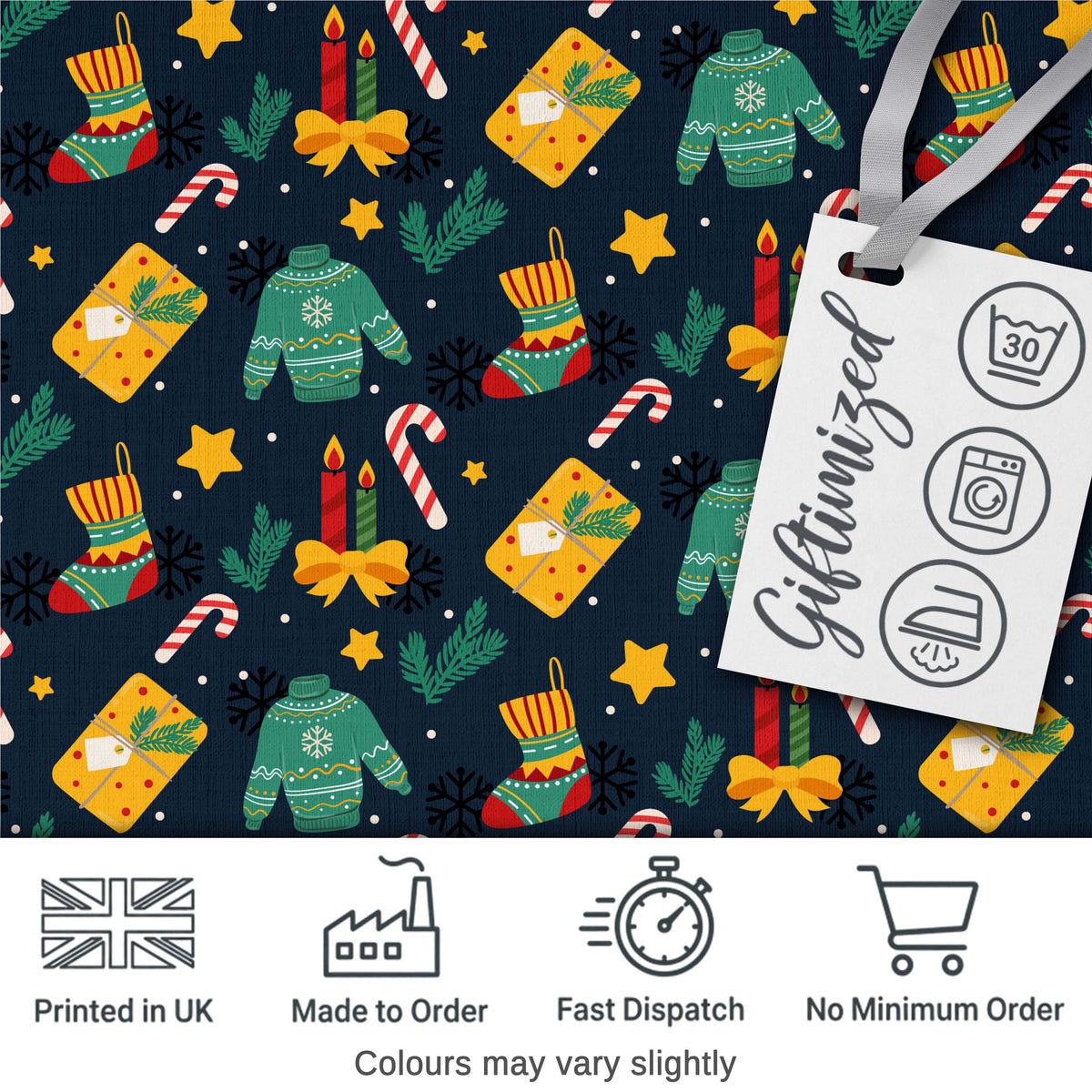 Christmas Sweater Candle Gift Candy Cane Seamless Pattern Digital Print Fabric by the Metre UK Sewing Quilting Textile