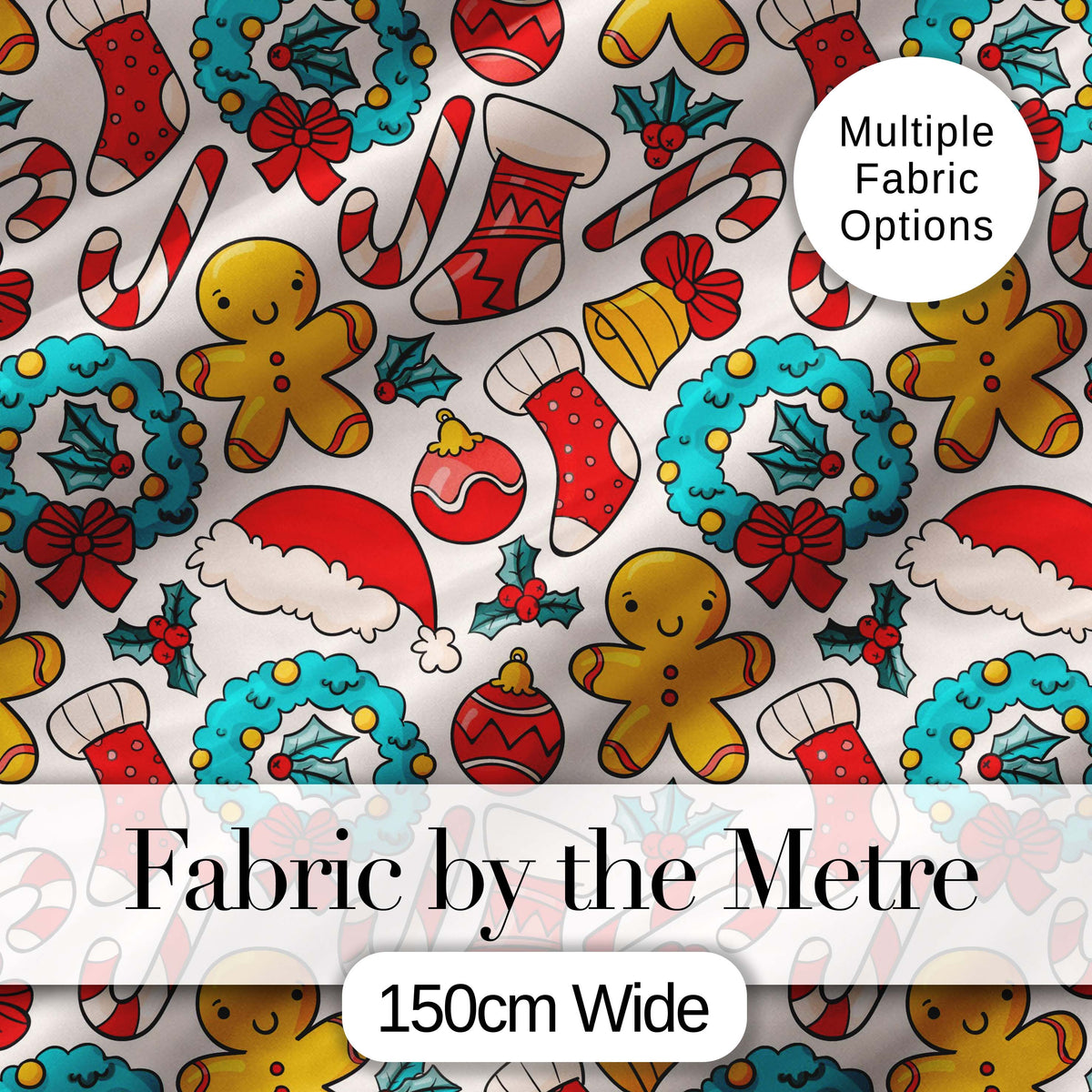 Cute Gingerbread Candy Cane Wreath Stocking Christmas Seamless Pattern Digital Print Fabric by the Metre UK Sewing Quilting Textile