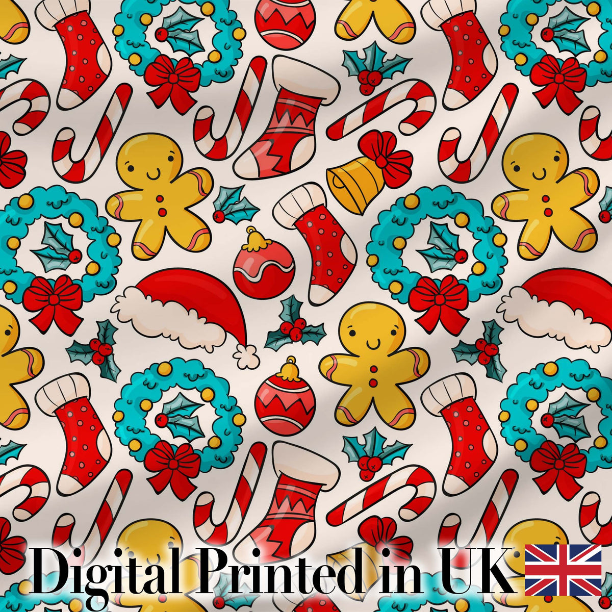Cute Gingerbread Candy Cane Wreath Stocking Christmas Seamless Pattern Digital Print Fabric by the Metre UK Sewing Quilting Textile