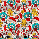 Cute Gingerbread Candy Cane Wreath Stocking Christmas Seamless Pattern Digital Print Fabric by the Metre UK Sewing Quilting Textile