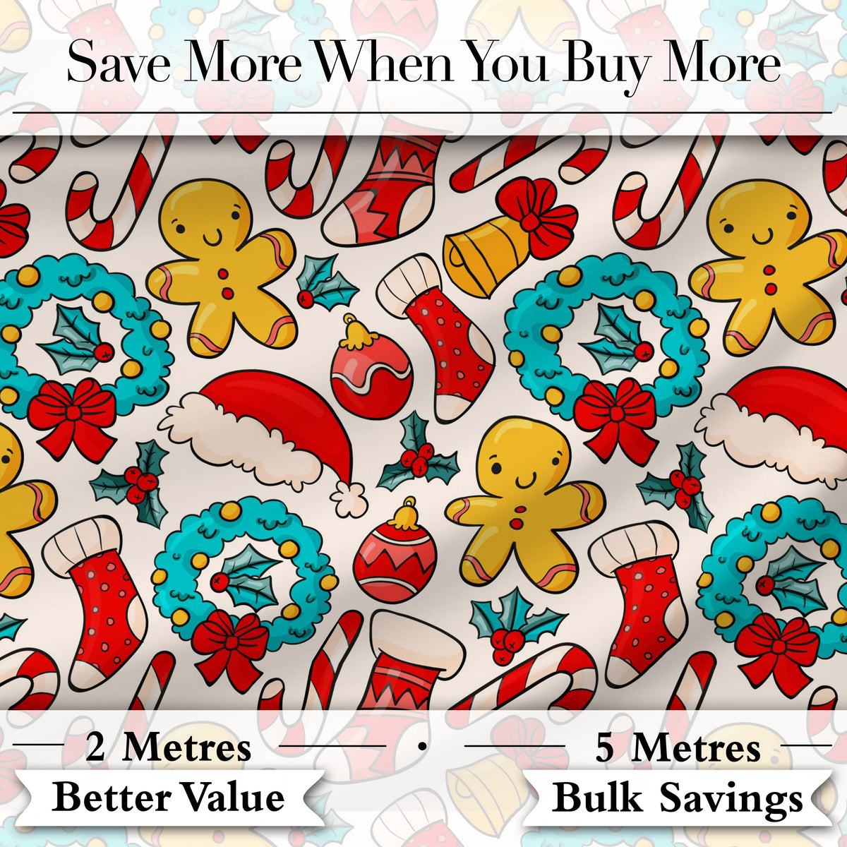 Cute Gingerbread Candy Cane Wreath Stocking Christmas Seamless Pattern Digital Print Fabric by the Metre UK Sewing Quilting Textile