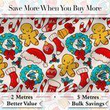 Cute Gingerbread Candy Cane Wreath Stocking Christmas Seamless Pattern Digital Print Fabric by the Metre UK Sewing Quilting Textile