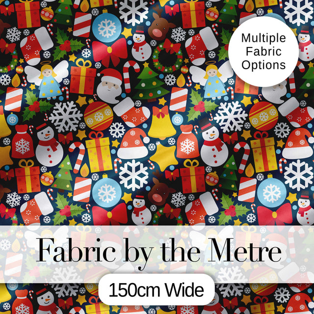 Cute Christmas Tree Snowman Reindeer Gift Snowflake Seamless Pattern Digital Print Fabric by the Metre UK Sewing Quilting Textile