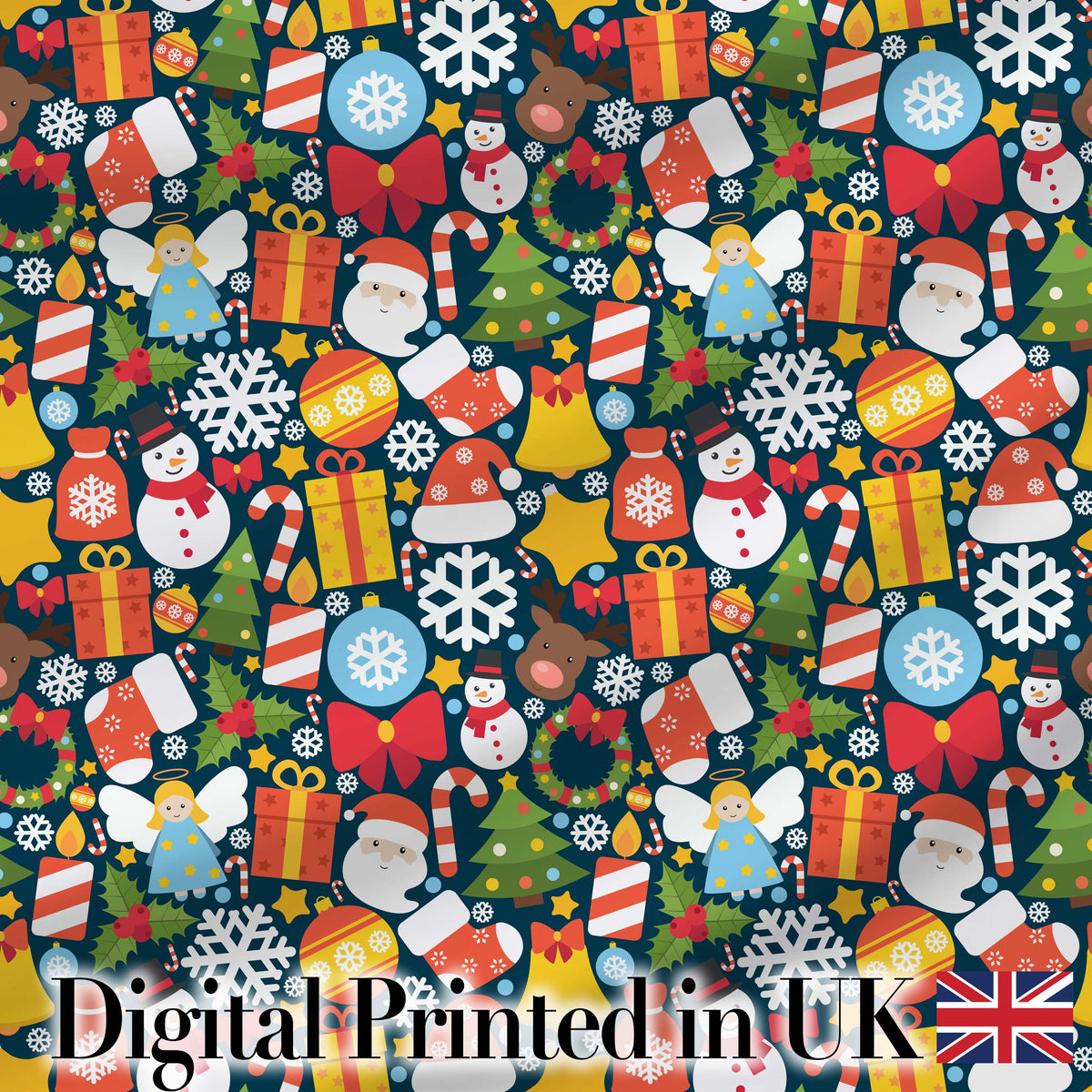 Cute Christmas Tree Snowman Reindeer Gift Snowflake Seamless Pattern Digital Print Fabric by the Metre UK Sewing Quilting Textile