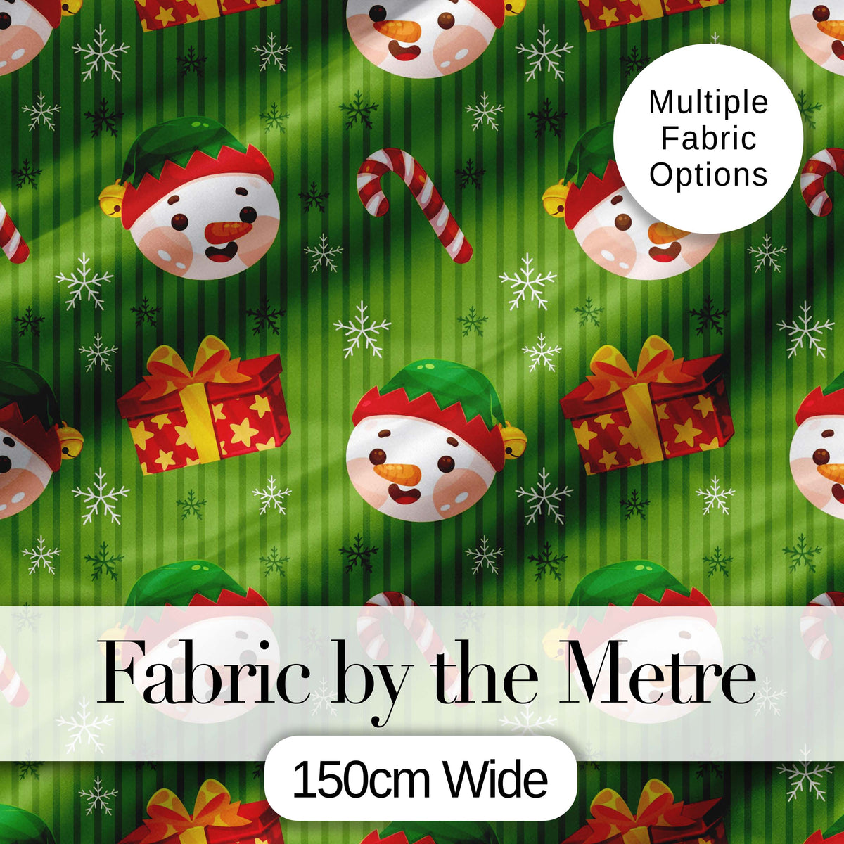Cute Snowman Candy Cane Gift Box Green Stripe Seamless Pattern Digital Print Fabric by the Metre UK Sewing Quilting Textile