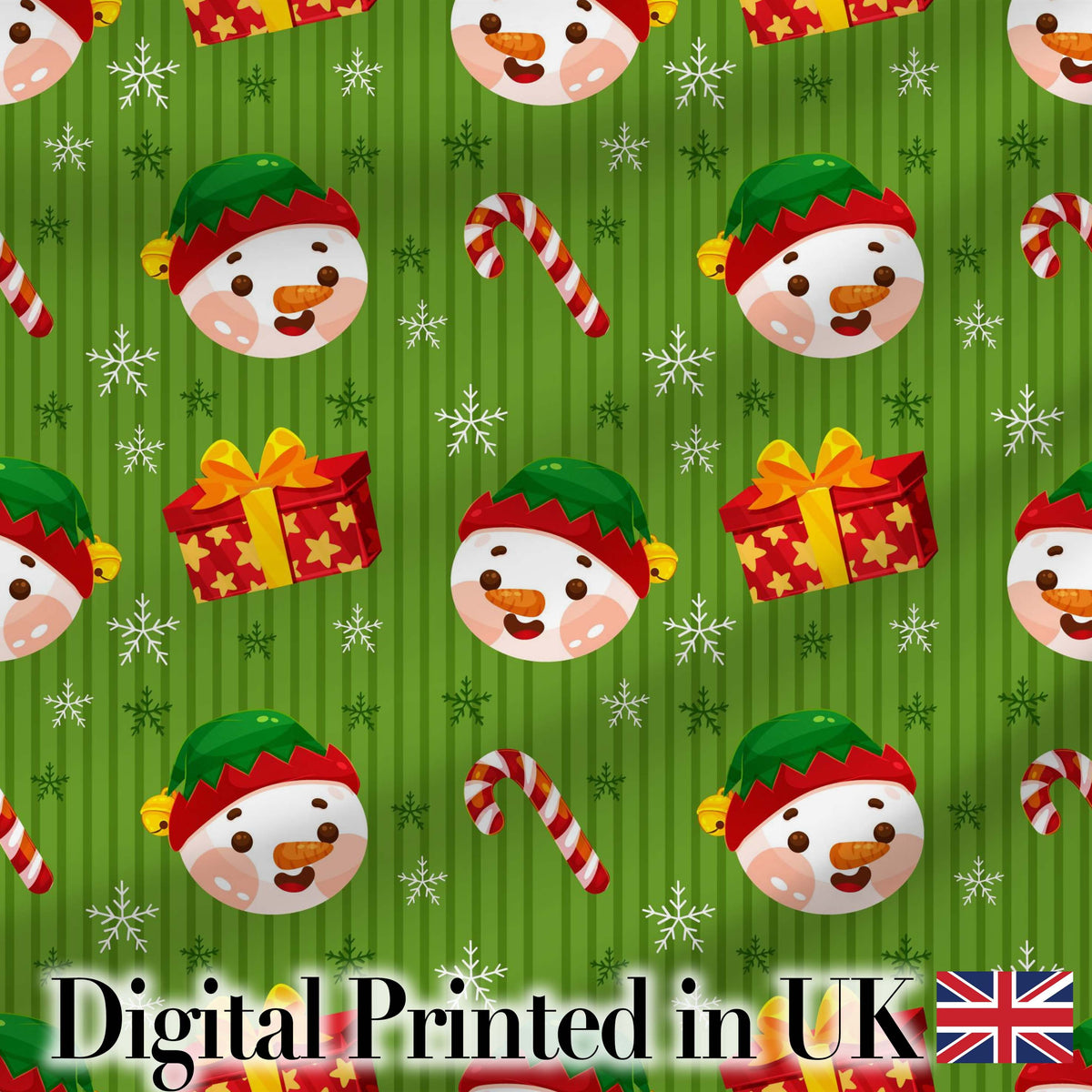 Cute Snowman Candy Cane Gift Box Green Stripe Seamless Pattern Digital Print Fabric by the Metre UK Sewing Quilting Textile