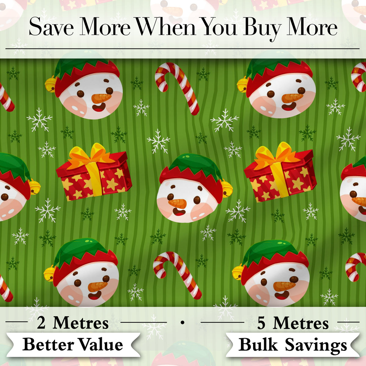 Cute Snowman Candy Cane Gift Box Green Stripe Seamless Pattern Digital Print Fabric by the Metre UK Sewing Quilting Textile