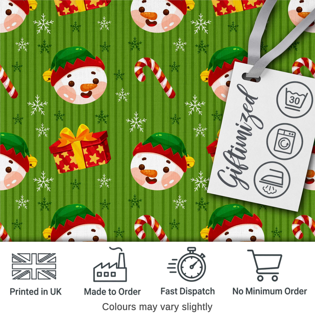 Cute Snowman Candy Cane Gift Box Green Stripe Seamless Pattern Digital Print Fabric by the Metre UK Sewing Quilting Textile