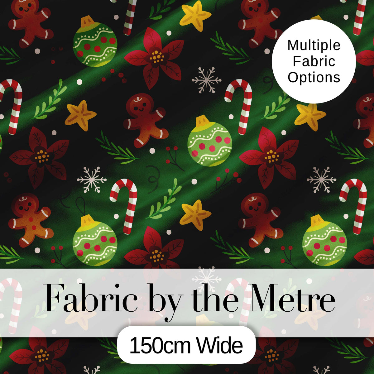 Cute Gingerbread Poinsettia Ornament Candy Cane Seamless Pattern Digital Print Fabric by the Metre UK Sewing Quilting Textile
