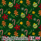 Cute Gingerbread Poinsettia Ornament Candy Cane Seamless Pattern Digital Print Fabric by the Metre UK Sewing Quilting Textile