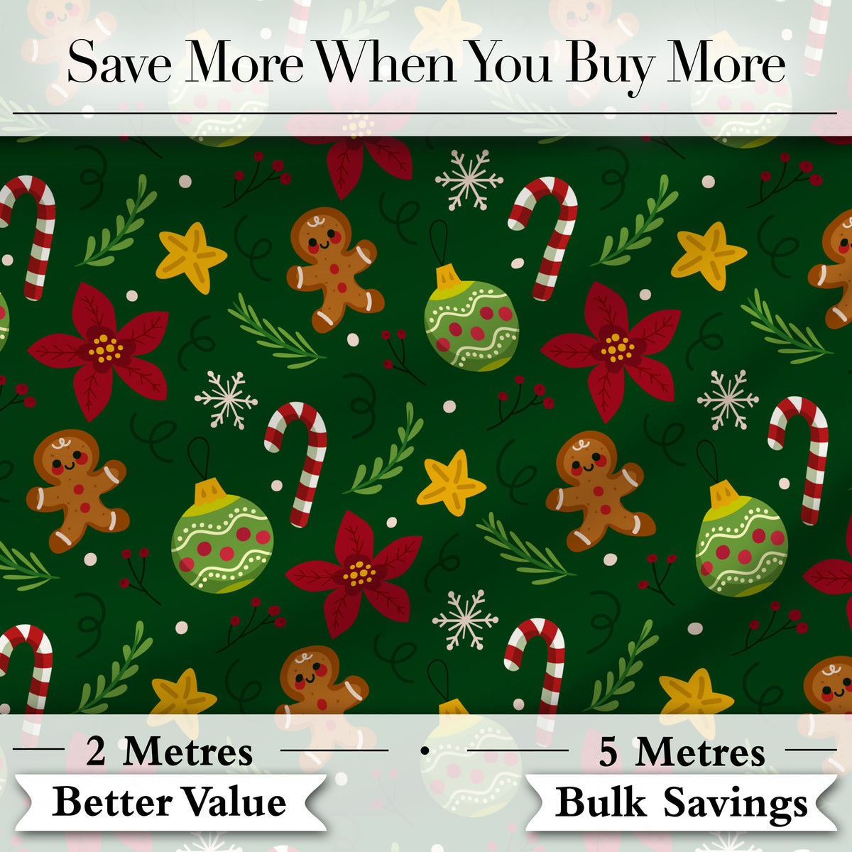 Cute Gingerbread Poinsettia Ornament Candy Cane Seamless Pattern Digital Print Fabric by the Metre UK Sewing Quilting Textile