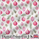 Watercolor Pink Bauble Pine Branch Christmas Seamless Pattern Digital Print Fabric by the Metre UK Sewing Quilting Textile