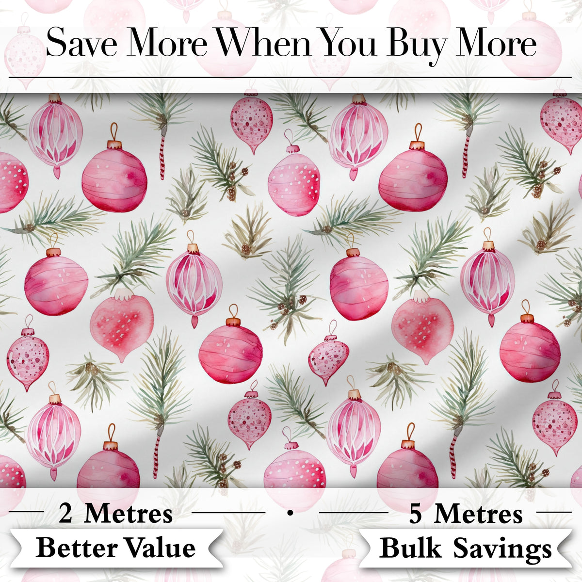 Watercolor Pink Bauble Pine Branch Christmas Seamless Pattern Digital Print Fabric by the Metre UK Sewing Quilting Textile