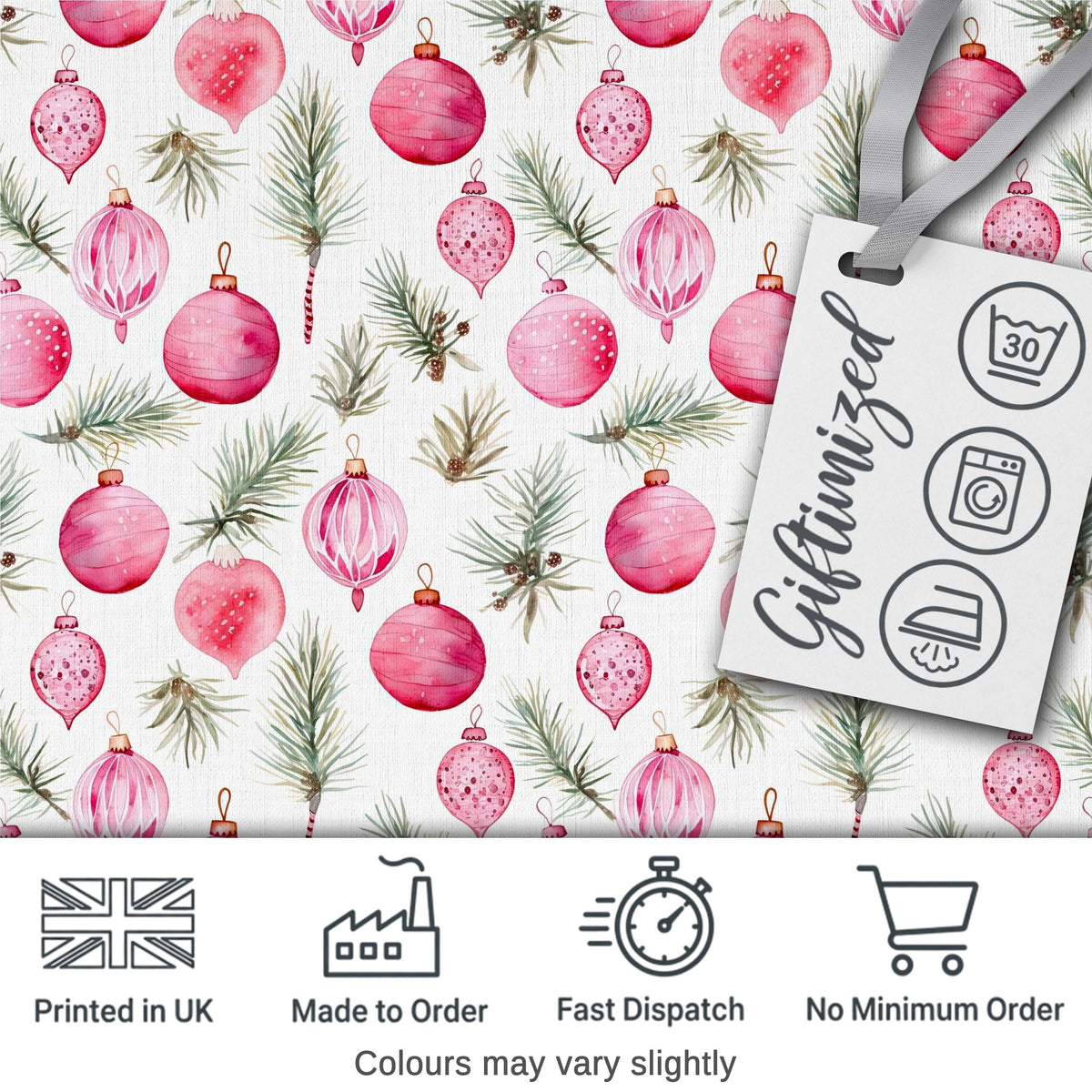 Watercolor Pink Bauble Pine Branch Christmas Seamless Pattern Digital Print Fabric by the Metre UK Sewing Quilting Textile