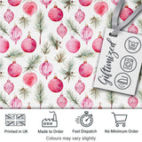 Watercolor Pink Bauble Pine Branch Christmas Seamless Pattern Digital Print Fabric by the Metre UK Sewing Quilting Textile