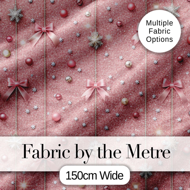 Luxury Pink Glitter Bow Snowflake Ornament Seamless Pattern Digital Print Fabric by the Metre UK Sewing Quilting Textile