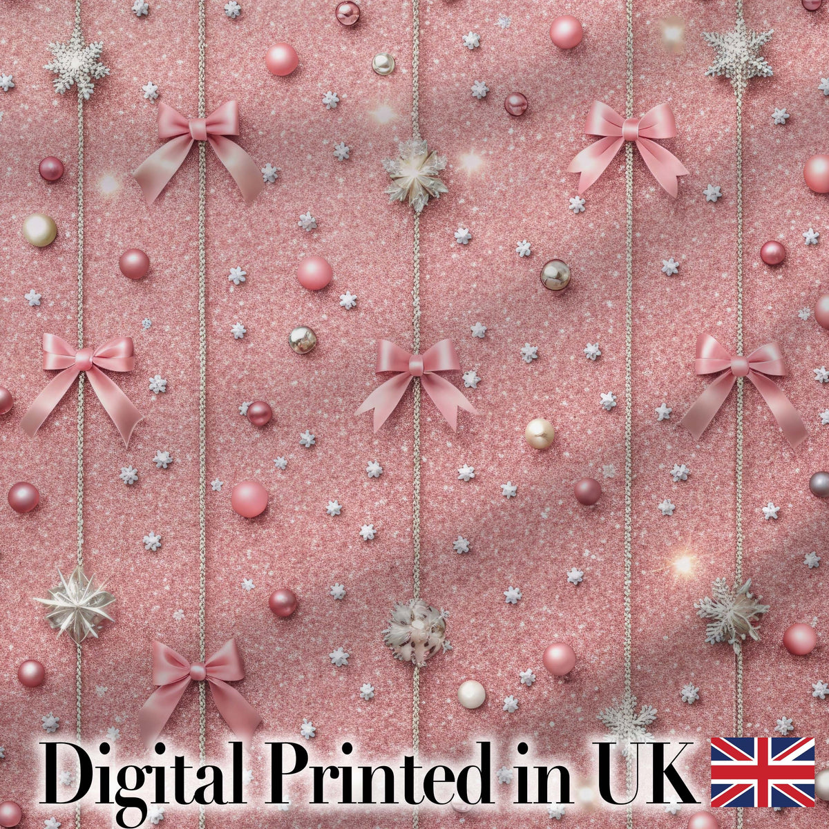 Luxury Pink Glitter Bow Snowflake Ornament Seamless Pattern Digital Print Fabric by the Metre UK Sewing Quilting Textile