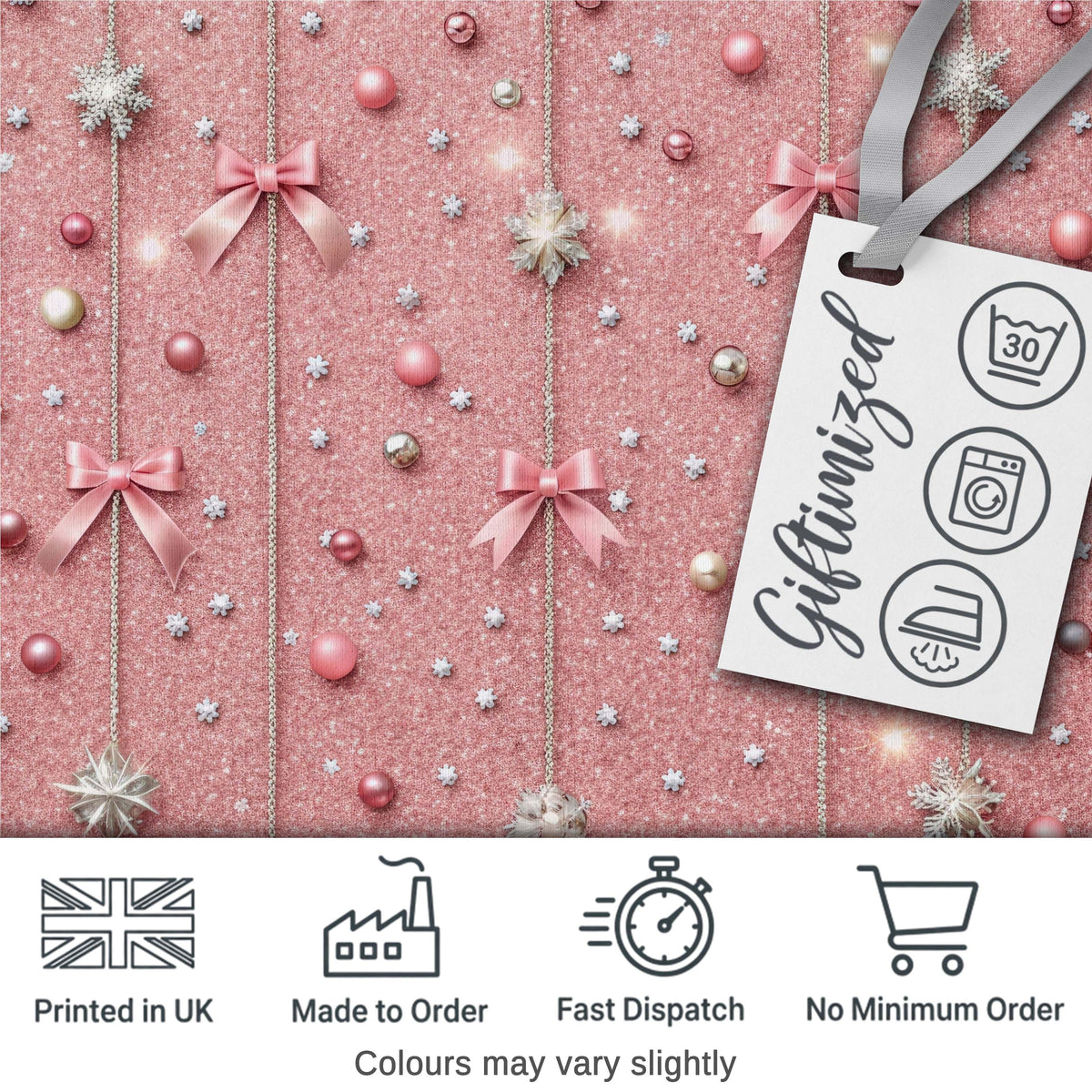 Luxury Pink Glitter Bow Snowflake Ornament Seamless Pattern Digital Print Fabric by the Metre UK Sewing Quilting Textile