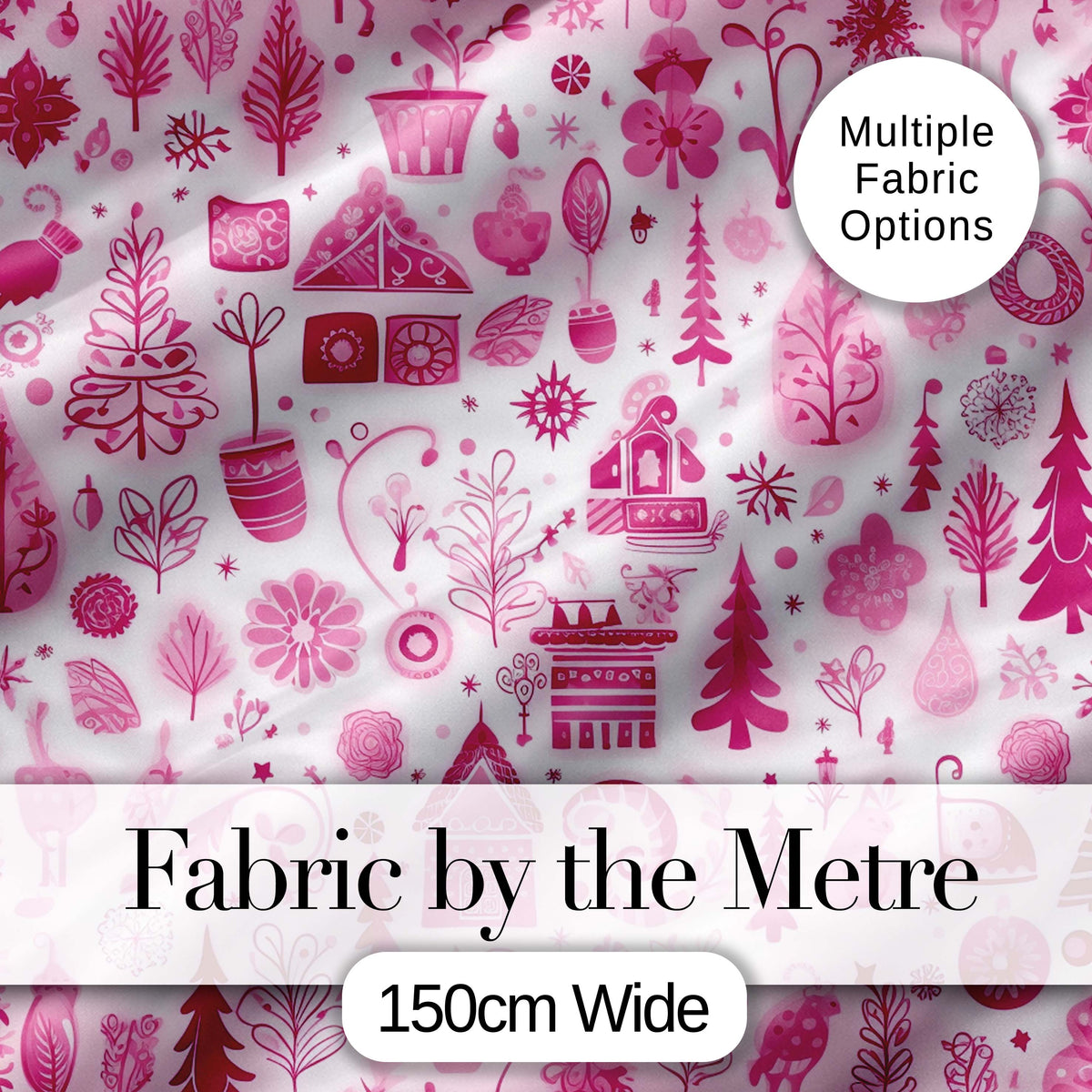 Cute Pink Christmas Folk Art Tree House Floral Seamless Pattern Digital Print Fabric by the Metre UK Sewing Quilting Textile