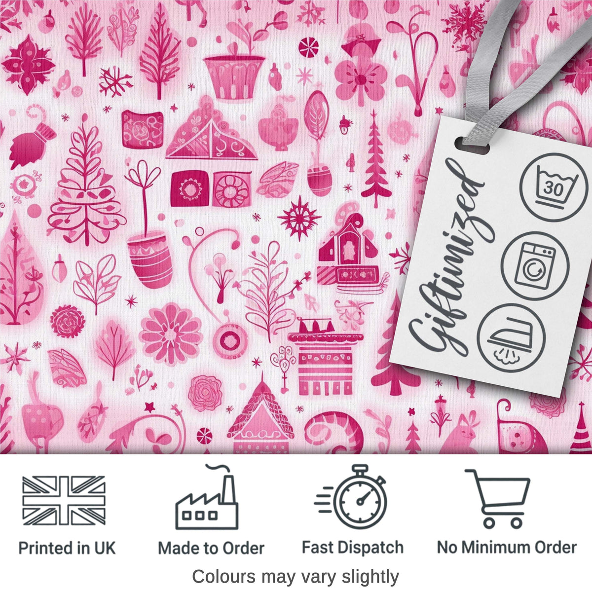 Cute Pink Christmas Folk Art Tree House Floral Seamless Pattern Digital Print Fabric by the Metre UK Sewing Quilting Textile