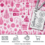 Cute Pink Christmas Folk Art Tree House Floral Seamless Pattern Digital Print Fabric by the Metre UK Sewing Quilting Textile