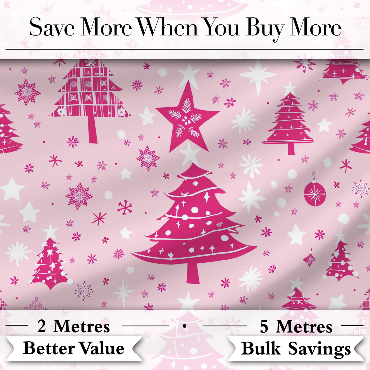 Cute Pink Christmas Tree Star Snowflake Seamless Pattern Digital Print Fabric by the Metre UK Sewing Quilting Textile