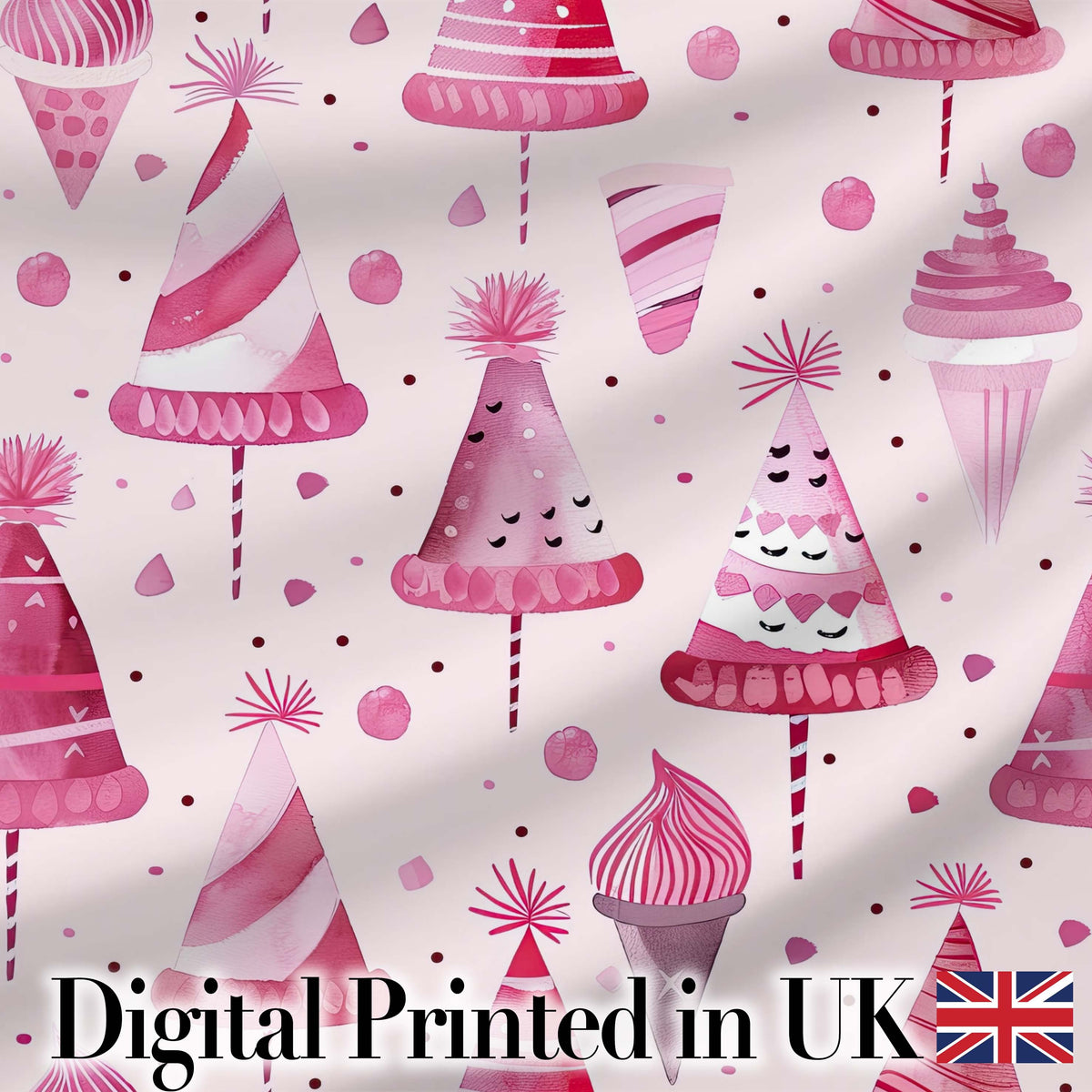 Cute Pink Party Hat Sweet Treat Festive Seamless Pattern Digital Print Fabric by the Metre UK Sewing Quilting Textile