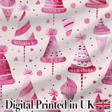 Cute Pink Party Hat Sweet Treat Festive Seamless Pattern Digital Print Fabric by the Metre UK Sewing Quilting Textile
