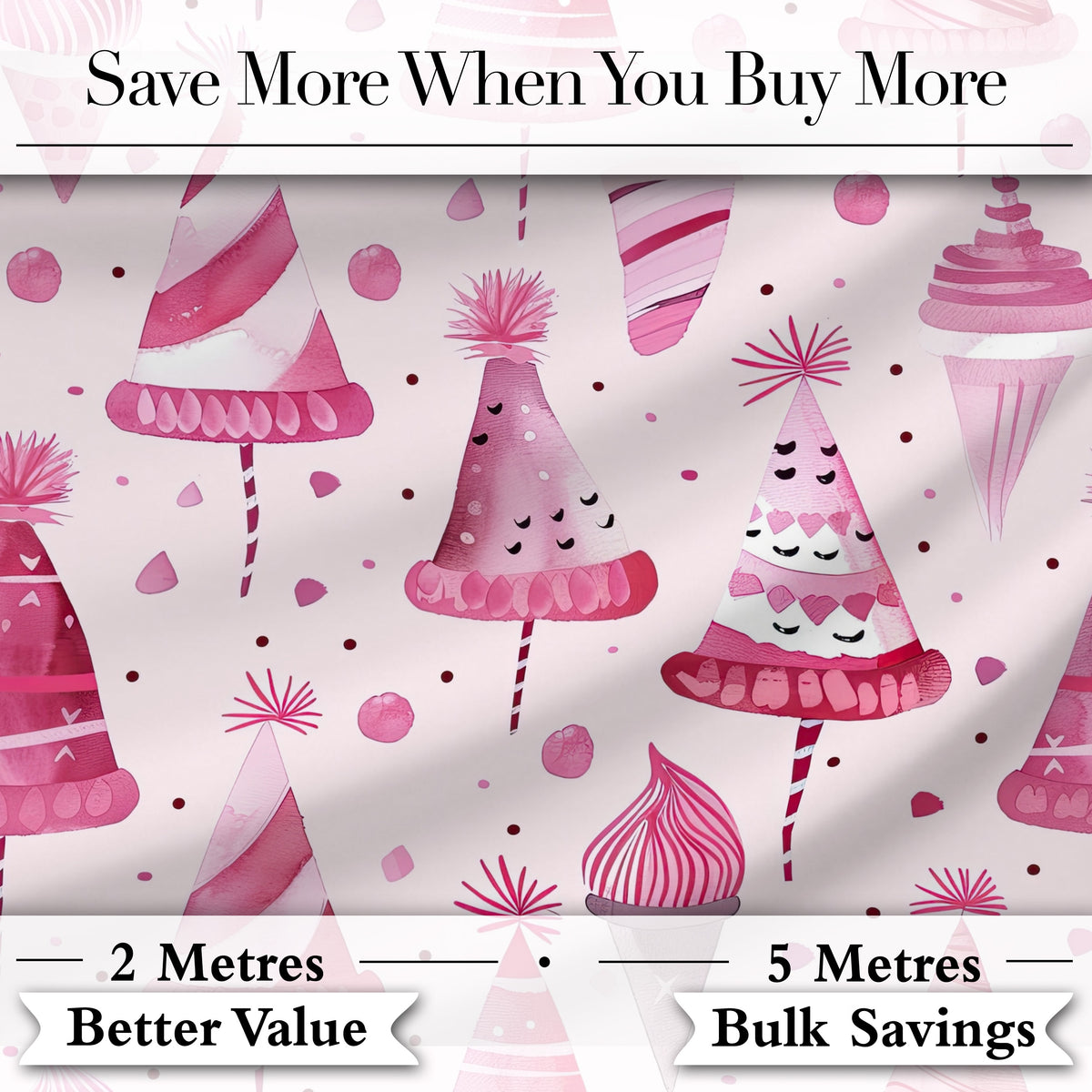Cute Pink Party Hat Sweet Treat Festive Seamless Pattern Digital Print Fabric by the Metre UK Sewing Quilting Textile