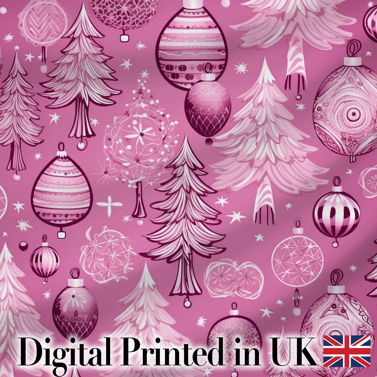 Elegant Pink Christmas Tree Ornament Winter Seamless Pattern Digital Print Fabric by the Metre UK Sewing Quilting Textile