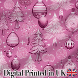 Elegant Pink Christmas Tree Ornament Winter Seamless Pattern Digital Print Fabric by the Metre UK Sewing Quilting Textile