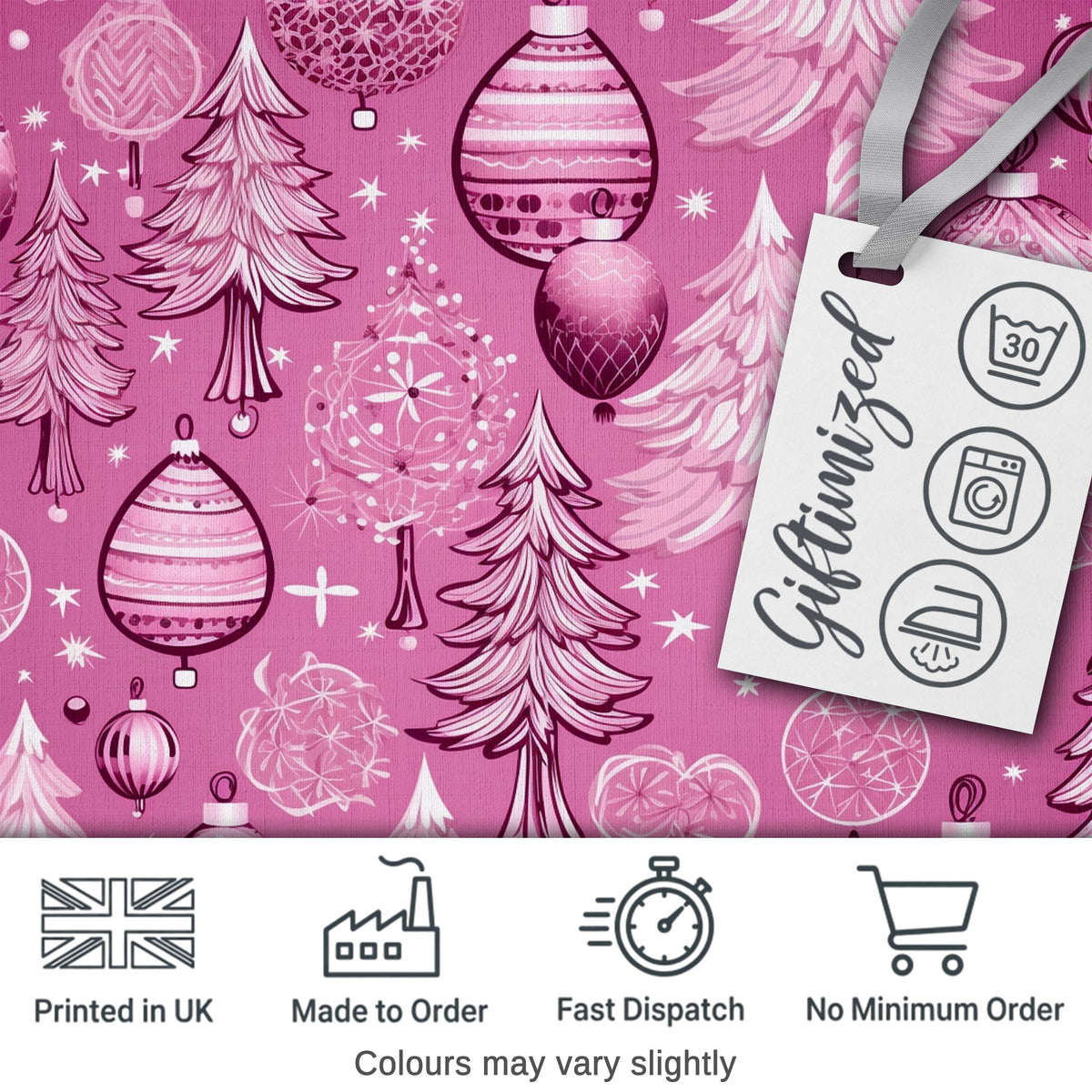 Elegant Pink Christmas Tree Ornament Winter Seamless Pattern Digital Print Fabric by the Metre UK Sewing Quilting Textile
