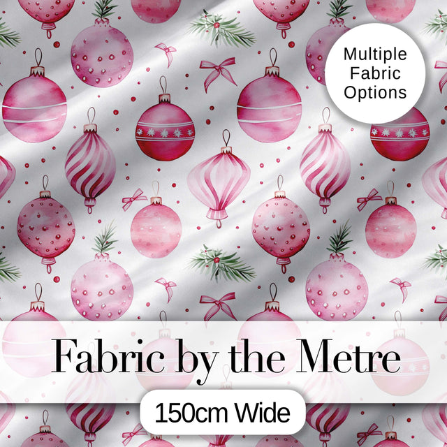 Watercolor Pink Christmas Bauble Pine Branch Seamless Pattern Digital Print Fabric by the Metre UK Sewing Quilting Textile