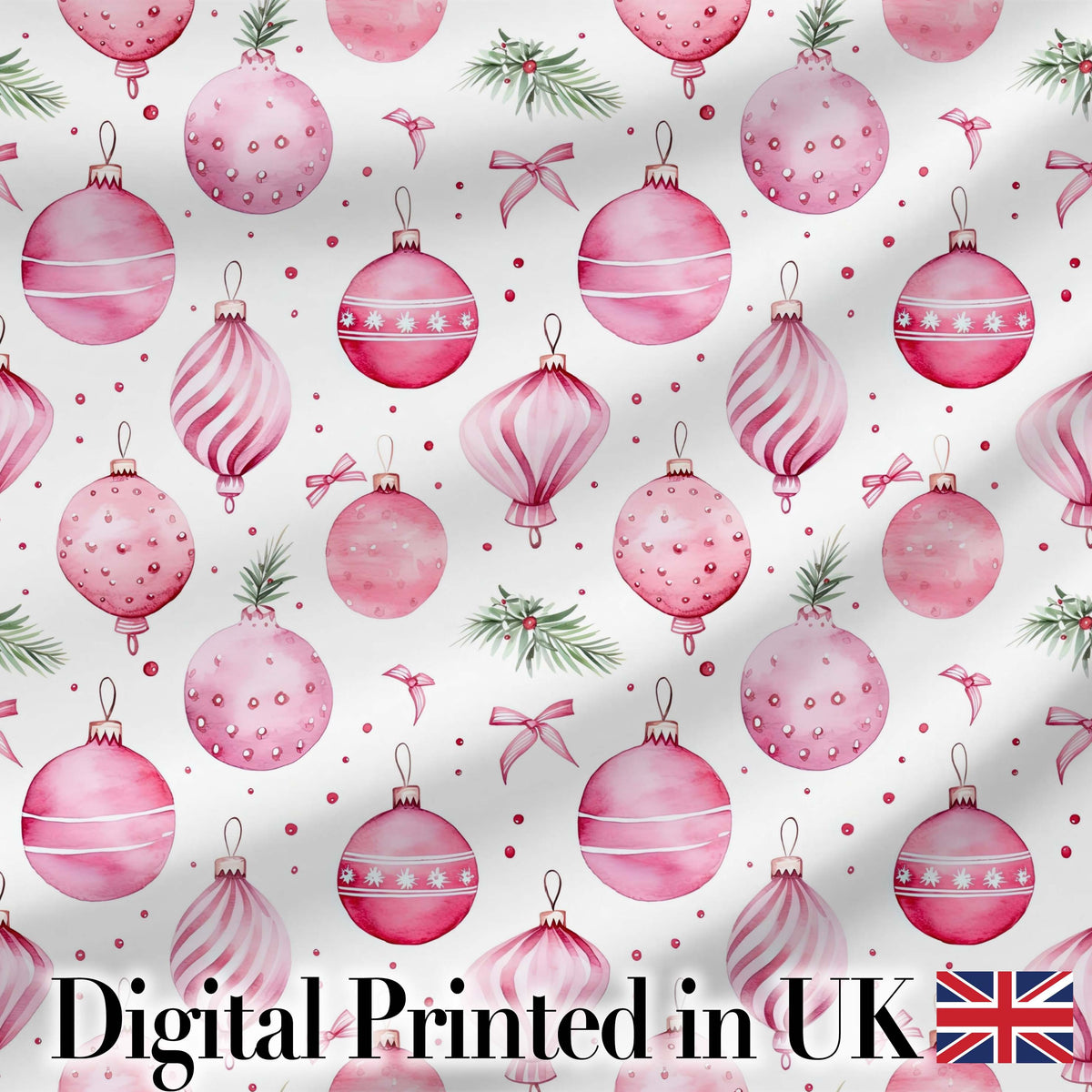 Watercolor Pink Christmas Bauble Pine Branch Seamless Pattern Digital Print Fabric by the Metre UK Sewing Quilting Textile