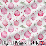 Watercolor Pink Christmas Bauble Pine Branch Seamless Pattern Digital Print Fabric by the Metre UK Sewing Quilting Textile