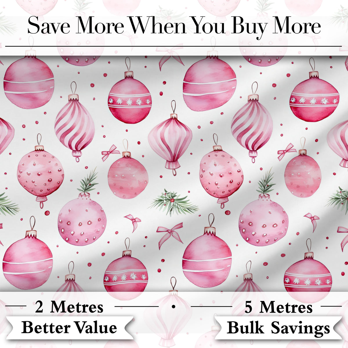 Watercolor Pink Christmas Bauble Pine Branch Seamless Pattern Digital Print Fabric by the Metre UK Sewing Quilting Textile