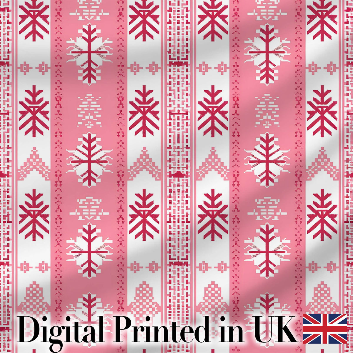 Scandinavian Pink Red Snowflake Nordic Seamless Pattern Digital Print Fabric by the Metre UK Sewing Quilting Textile